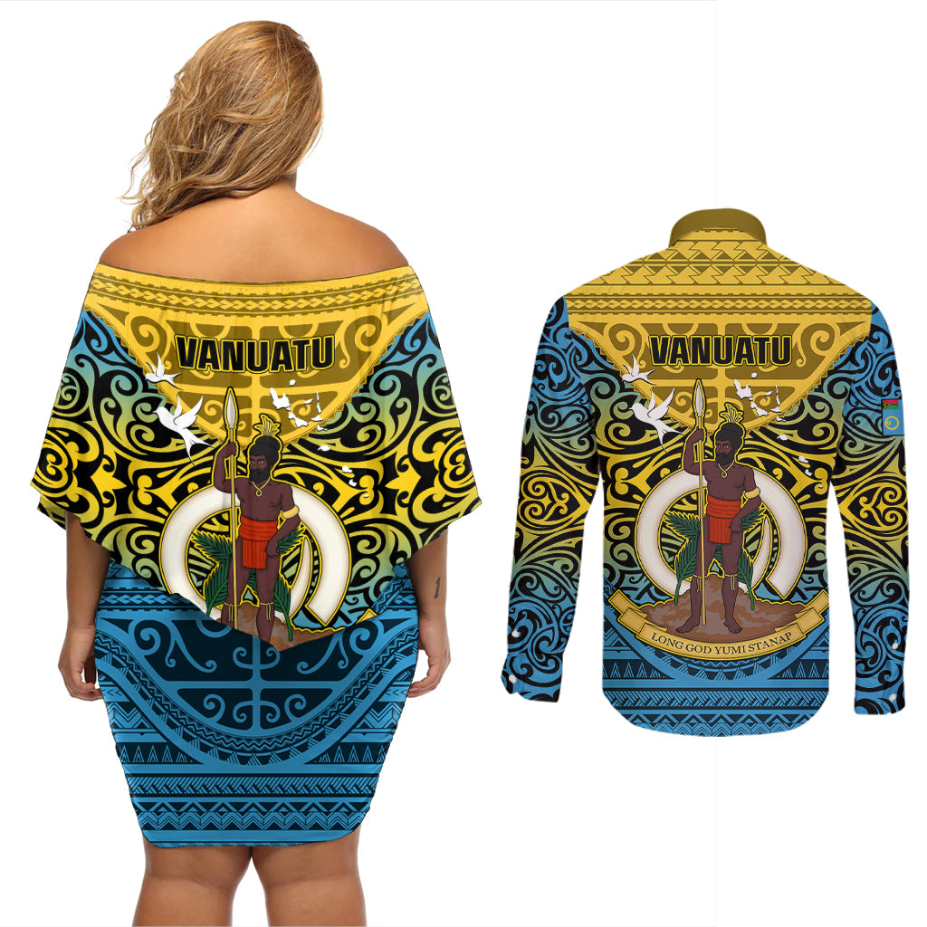 Vanuatu Sanma Province Couples Matching Off Shoulder Short Dress and Long Sleeve Button Shirts Coat Of Arms And Namele Fern Polynesian Pattern LT05 - Polynesian Pride