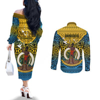 Vanuatu Sanma Province Couples Matching Off The Shoulder Long Sleeve Dress and Long Sleeve Button Shirts Coat Of Arms And Namele Fern Polynesian Pattern LT05 - Polynesian Pride