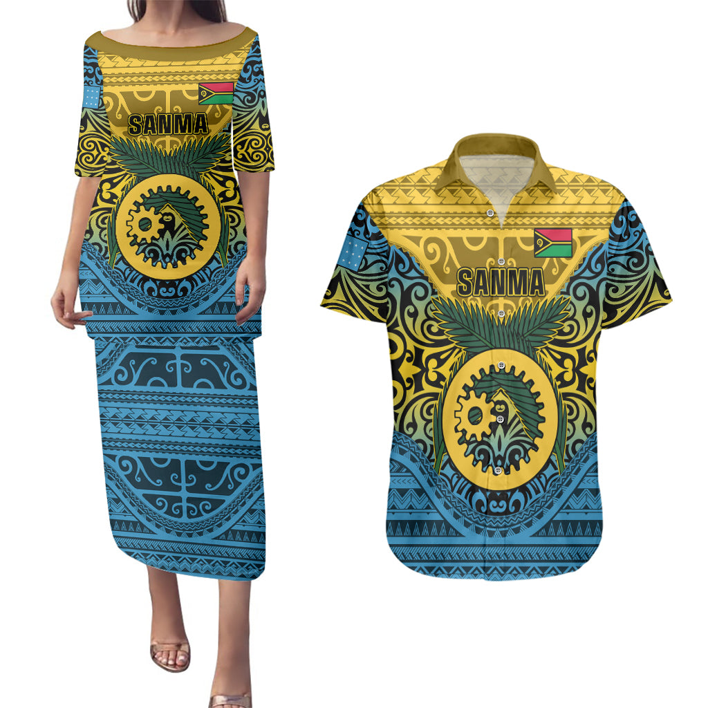 Vanuatu Sanma Province Couples Matching Puletasi Dress and Hawaiian Shirt Coat Of Arms And Namele Fern Polynesian Pattern LT05 Yellow - Polynesian Pride