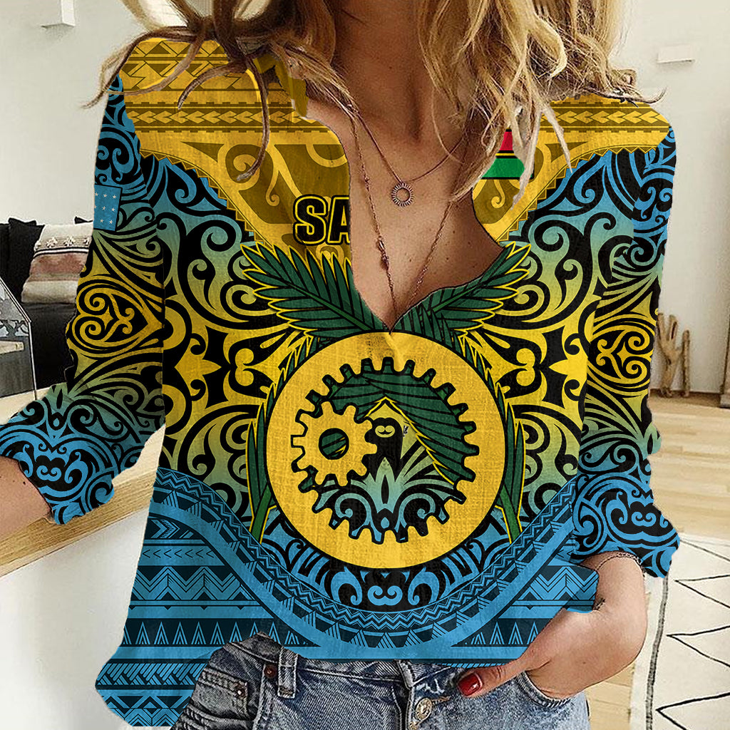 Vanuatu Sanma Province Women Casual Shirt Coat Of Arms And Namele Fern Polynesian Pattern LT05 Female Yellow - Polynesian Pride