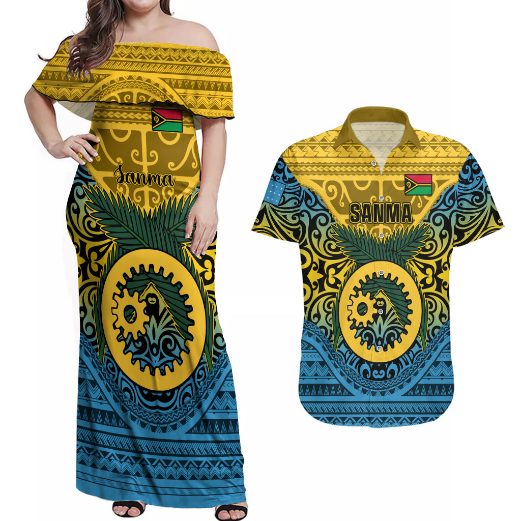 Personalized Vanuatu Sanma Province Couples Matching Off Shoulder Maxi Dress and Hawaiian Shirt Coat Of Arms And Namele Fern Polynesian Pattern LT05 Yellow - Polynesian Pride
