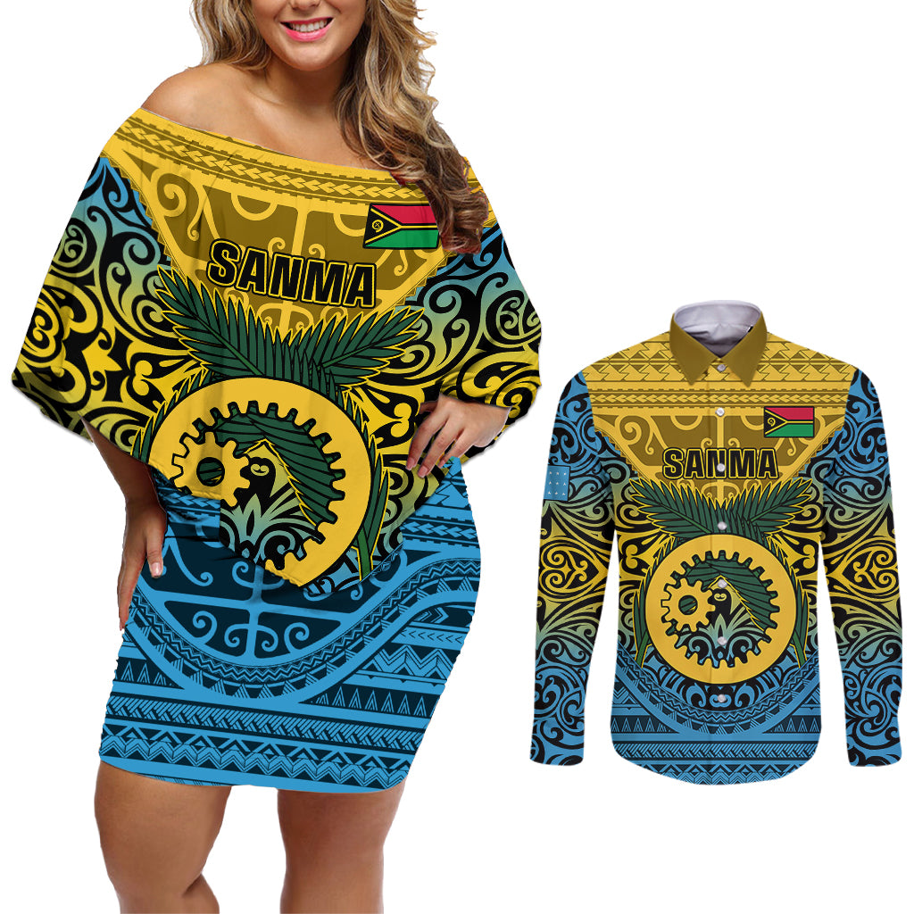 Personalized Vanuatu Sanma Province Couples Matching Off Shoulder Short Dress and Long Sleeve Button Shirts Coat Of Arms And Namele Fern Polynesian Pattern LT05 Yellow - Polynesian Pride
