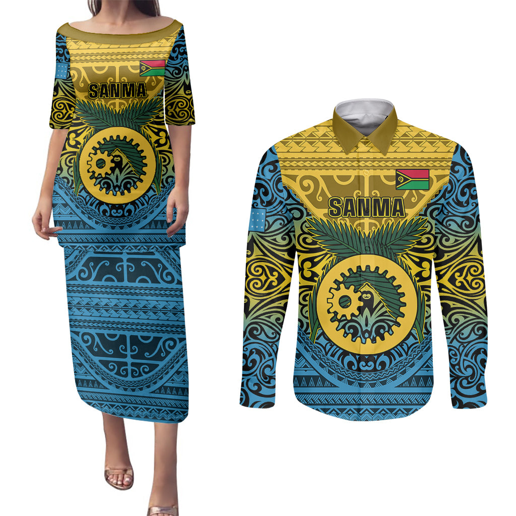 Personalized Vanuatu Sanma Province Couples Matching Puletasi Dress and Long Sleeve Button Shirts Coat Of Arms And Namele Fern Polynesian Pattern LT05 Yellow - Polynesian Pride