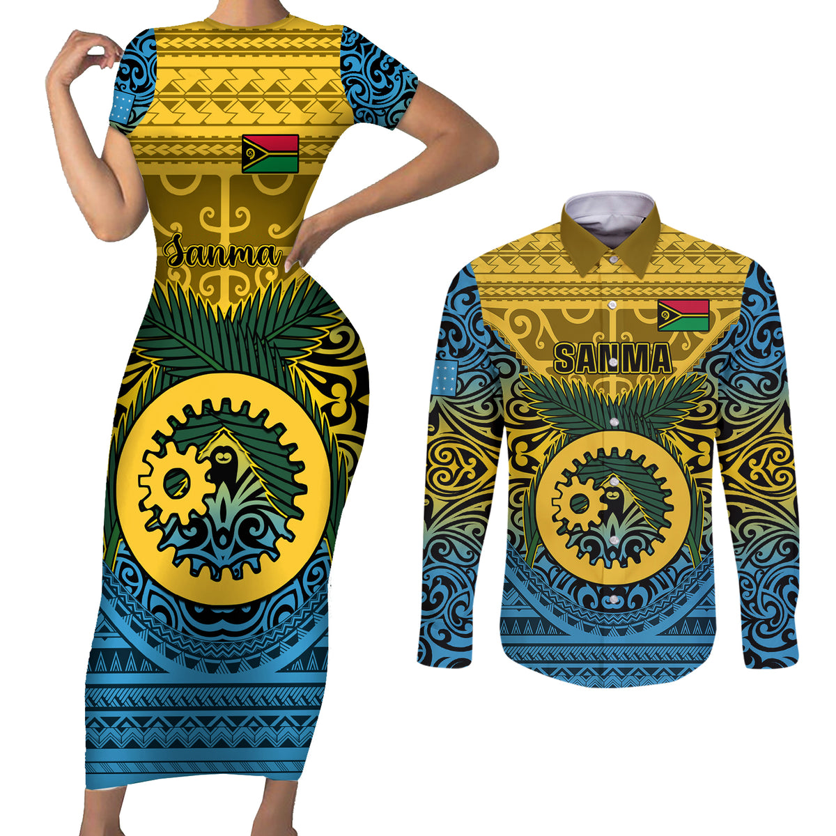 Personalized Vanuatu Sanma Province Couples Matching Short Sleeve Bodycon Dress and Long Sleeve Button Shirts Coat Of Arms And Namele Fern Polynesian Pattern LT05 Yellow - Polynesian Pride