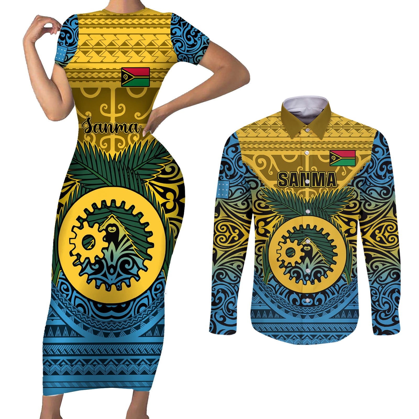Personalized Vanuatu Sanma Province Couples Matching Short Sleeve Bodycon Dress and Long Sleeve Button Shirts Coat Of Arms And Namele Fern Polynesian Pattern LT05 Yellow - Polynesian Pride