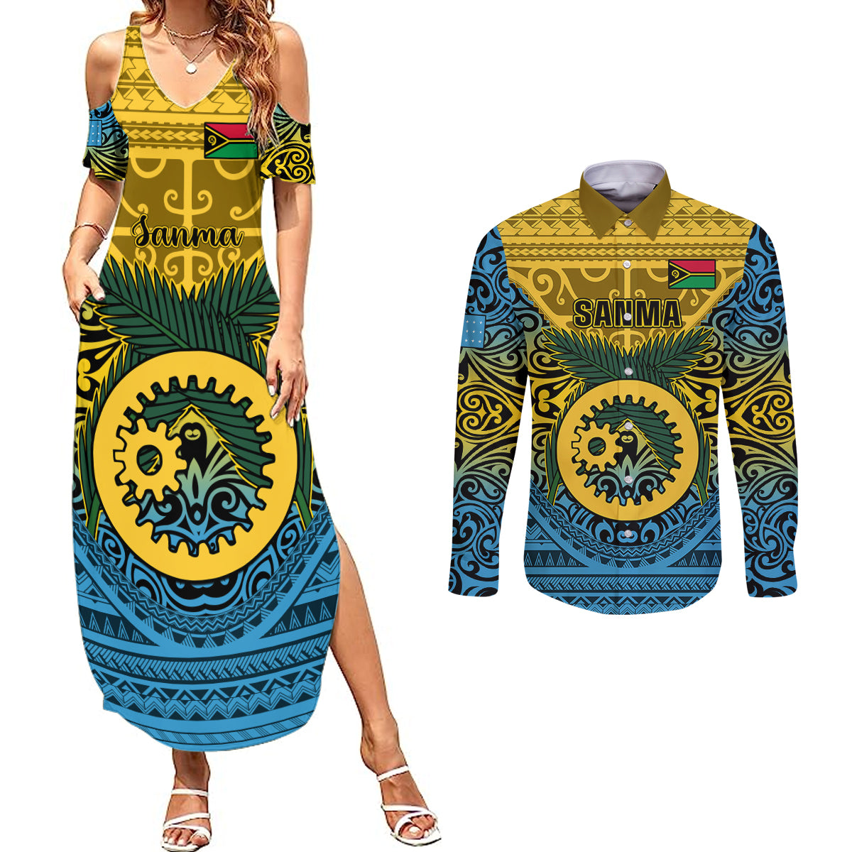 Personalized Vanuatu Sanma Province Couples Matching Summer Maxi Dress and Long Sleeve Button Shirts Coat Of Arms And Namele Fern Polynesian Pattern LT05 Yellow - Polynesian Pride