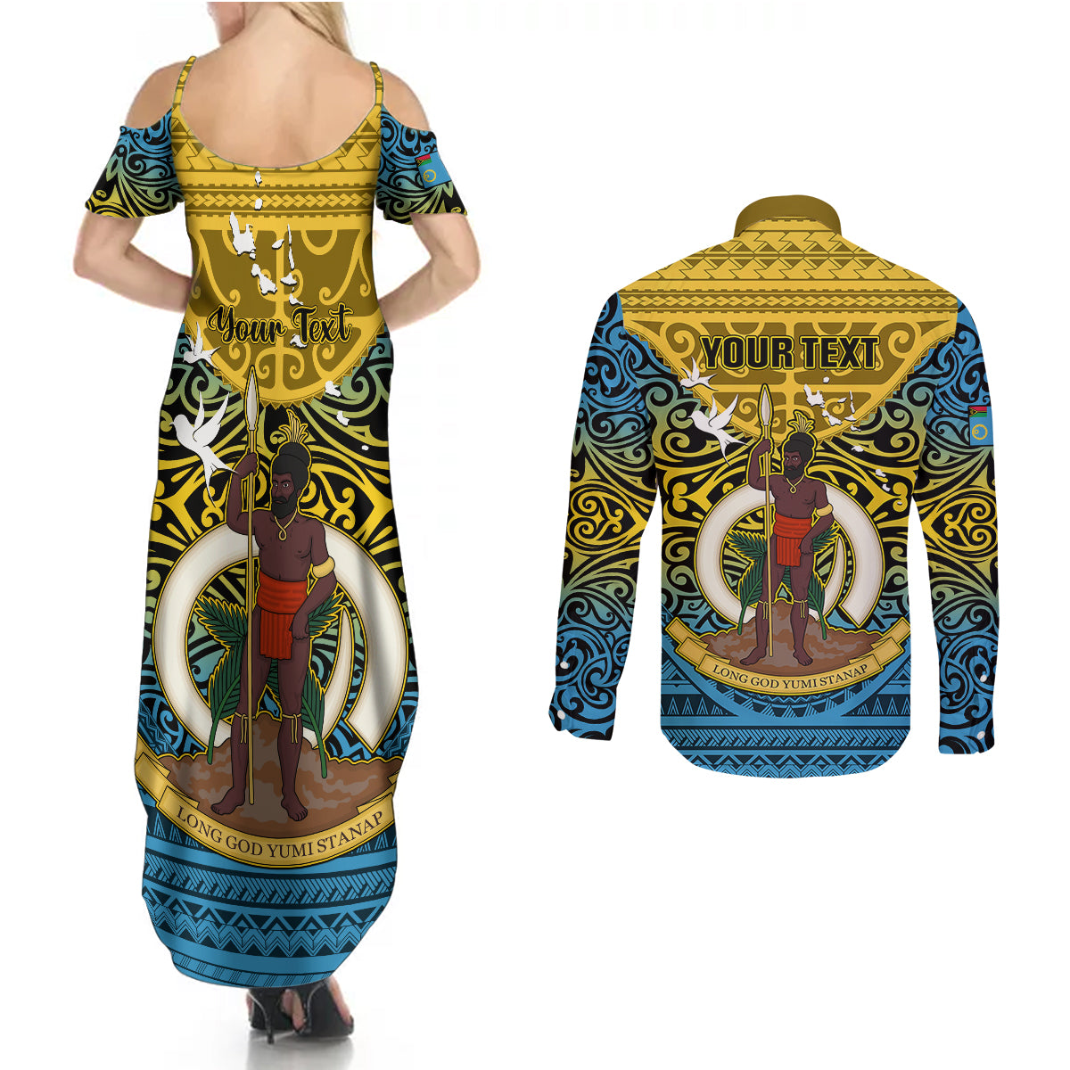 Personalized Vanuatu Sanma Province Couples Matching Summer Maxi Dress and Long Sleeve Button Shirts Coat Of Arms And Namele Fern Polynesian Pattern LT05 - Polynesian Pride