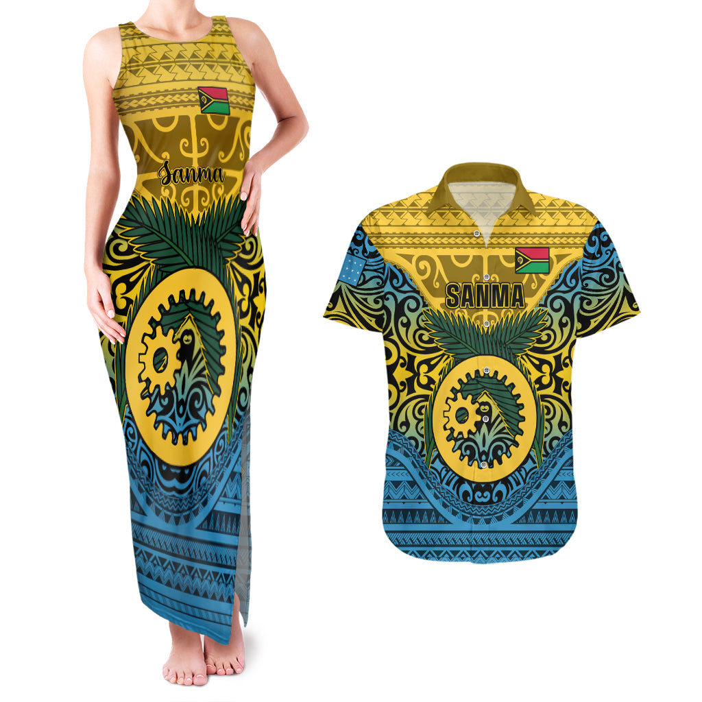 Personalized Vanuatu Sanma Province Couples Matching Tank Maxi Dress and Hawaiian Shirt Coat Of Arms And Namele Fern Polynesian Pattern LT05 Yellow - Polynesian Pride