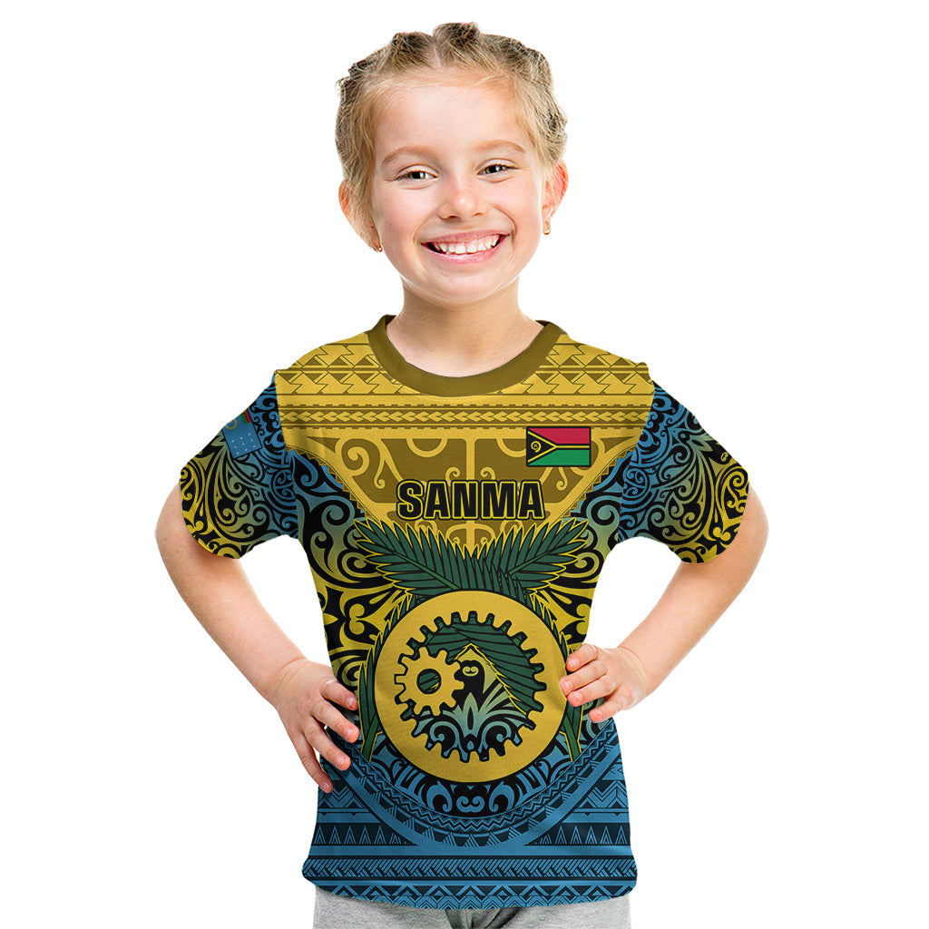 Personalized Vanuatu Sanma Province Kid T Shirt Coat Of Arms And Namele Fern Polynesian Pattern LT05 Yellow - Polynesian Pride