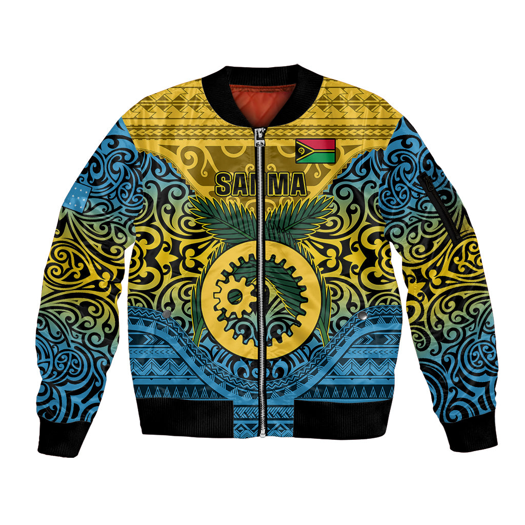 Personalized Vanuatu Sanma Province Sleeve Zip Bomber Jacket Coat Of Arms And Namele Fern Polynesian Pattern LT05 Unisex Yellow - Polynesian Pride