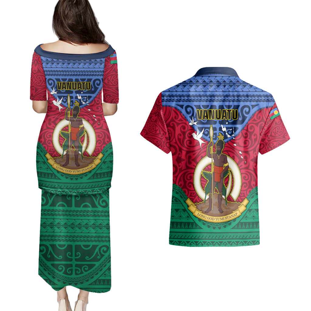 Vanuatu Shefa Province Couples Matching Puletasi Dress and Hawaiian Shirt Coat Of Arms And Namele Fern Polynesian Pattern LT05 - Polynesian Pride