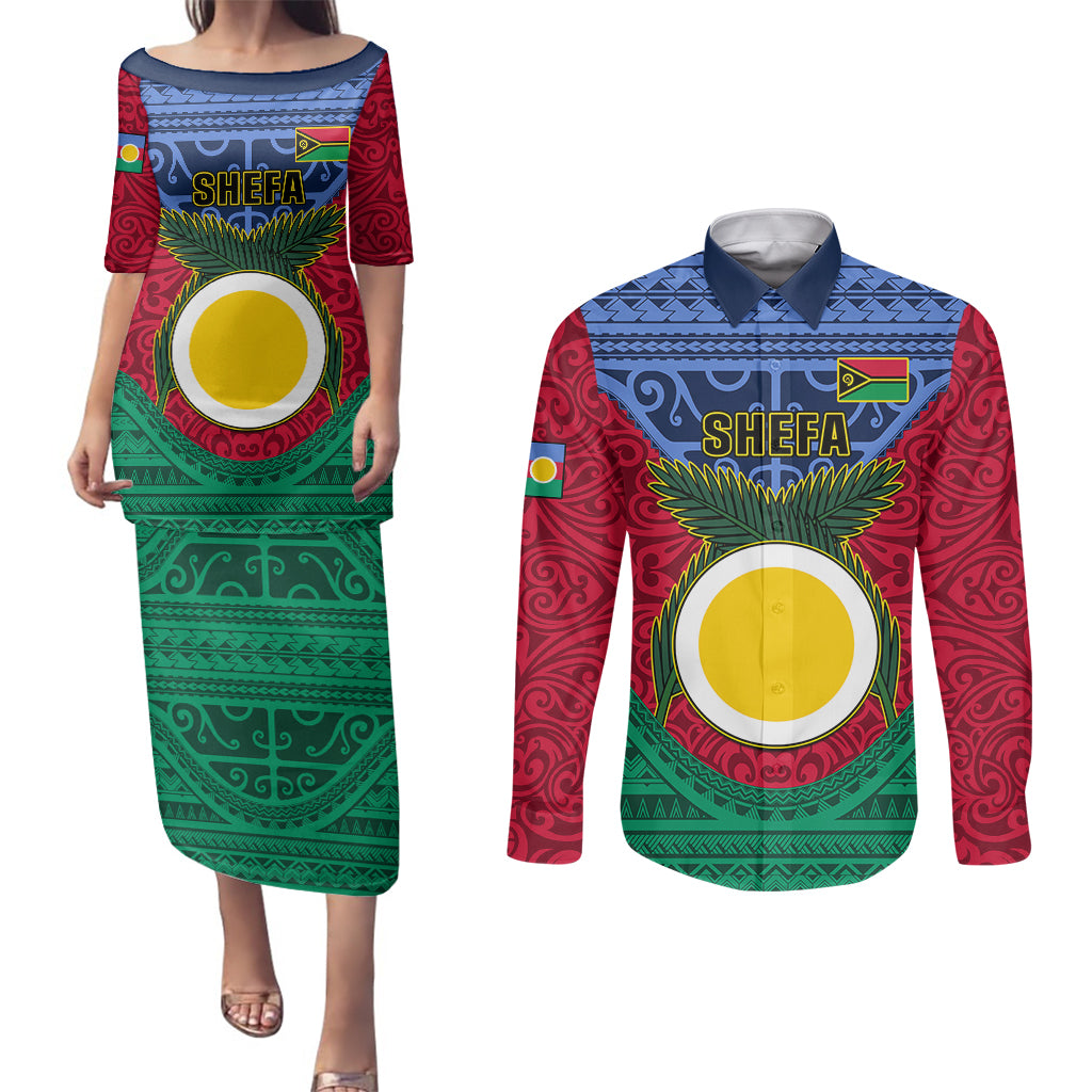 Vanuatu Shefa Province Couples Matching Puletasi Dress and Long Sleeve Button Shirts Coat Of Arms And Namele Fern Polynesian Pattern LT05 Red - Polynesian Pride