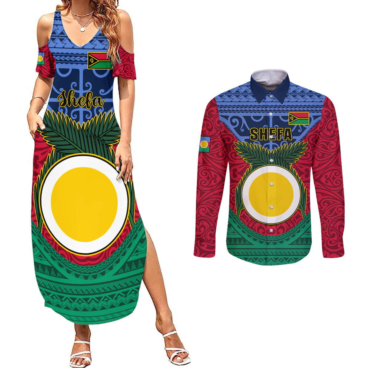 Vanuatu Shefa Province Couples Matching Summer Maxi Dress and Long Sleeve Button Shirts Coat Of Arms And Namele Fern Polynesian Pattern LT05 Red - Polynesian Pride
