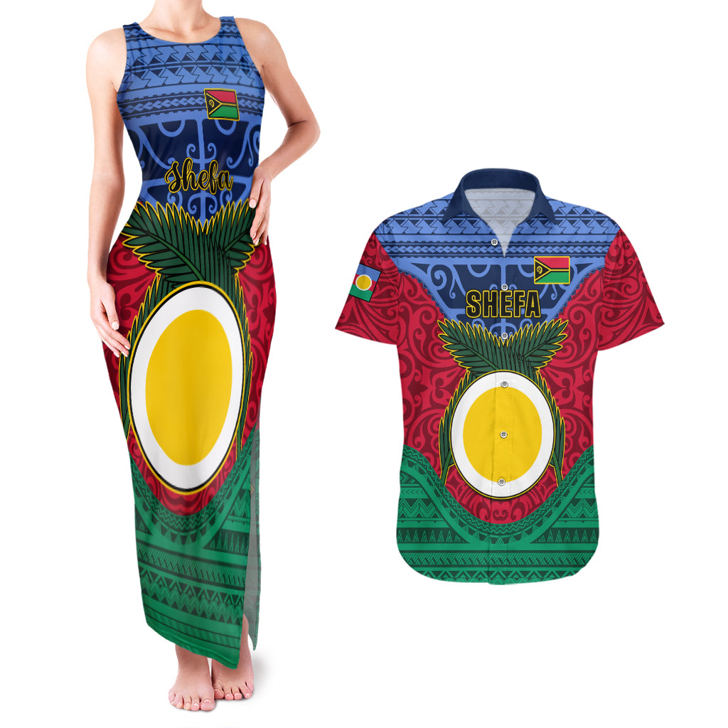 Vanuatu Shefa Province Couples Matching Tank Maxi Dress and Hawaiian Shirt Coat Of Arms And Namele Fern Polynesian Pattern LT05 Red - Polynesian Pride