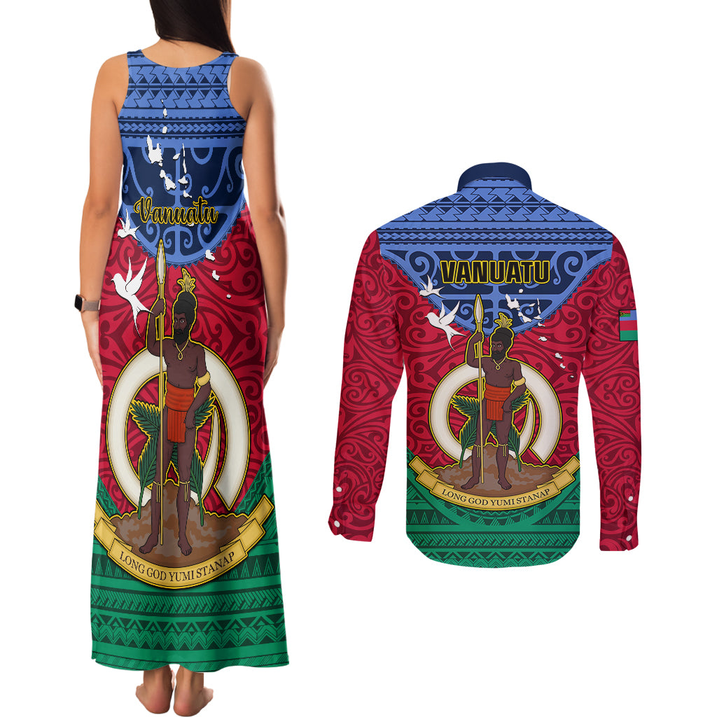 Vanuatu Shefa Province Couples Matching Tank Maxi Dress and Long Sleeve Button Shirts Coat Of Arms And Namele Fern Polynesian Pattern LT05 - Polynesian Pride