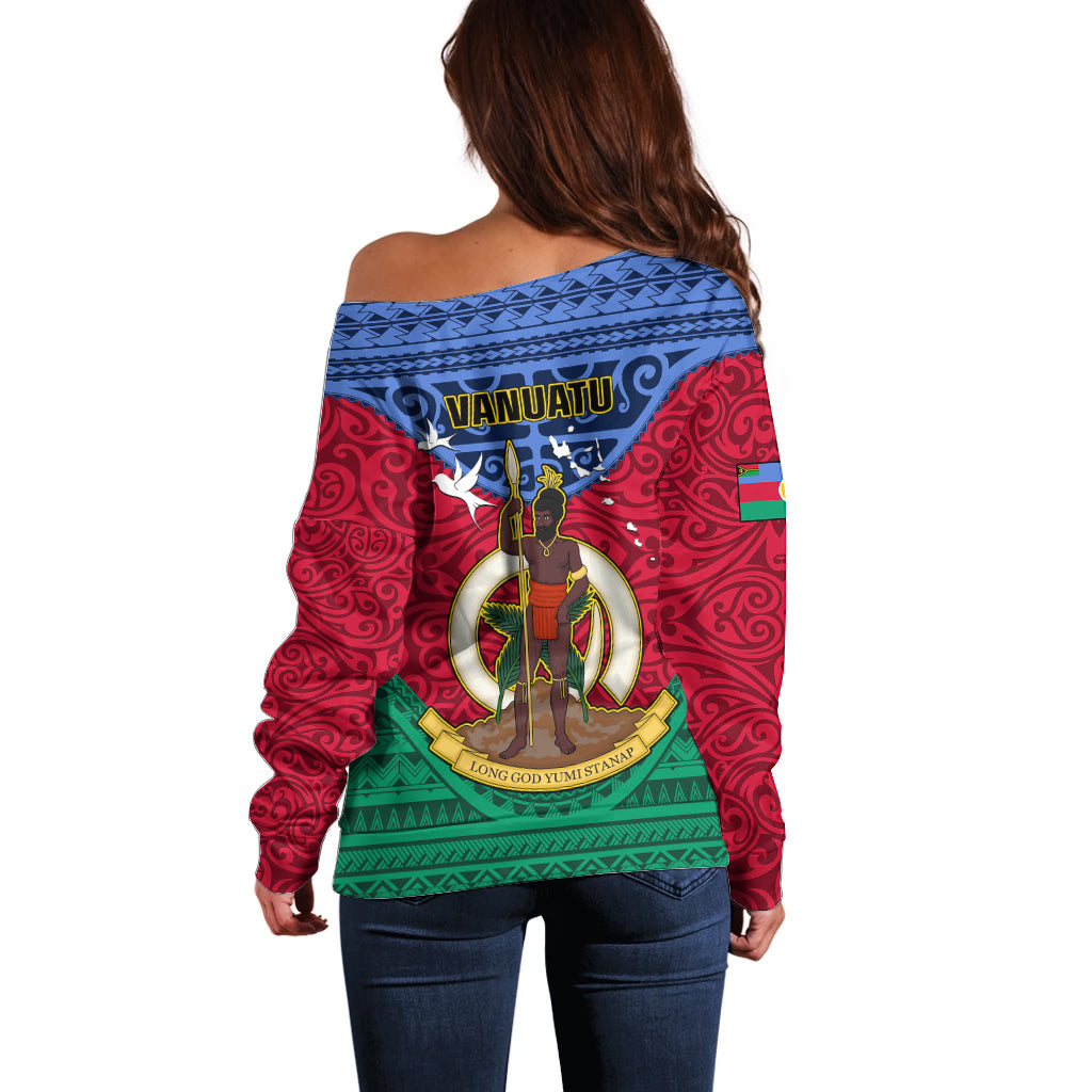 Vanuatu Shefa Province Off Shoulder Sweater Coat Of Arms And Namele Fern Polynesian Pattern LT05 - Polynesian Pride