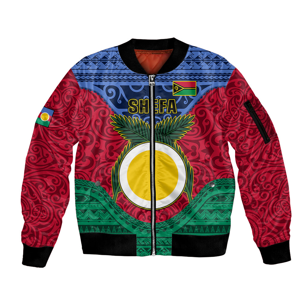 Vanuatu Shefa Province Sleeve Zip Bomber Jacket Coat Of Arms And Namele Fern Polynesian Pattern LT05 Unisex Red - Polynesian Pride