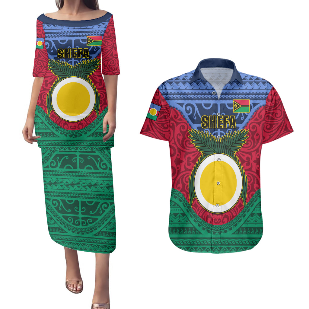 Personalized Vanuatu Shefa Province Couples Matching Puletasi Dress and Hawaiian Shirt Coat Of Arms And Namele Fern Polynesian Pattern LT05 Red - Polynesian Pride