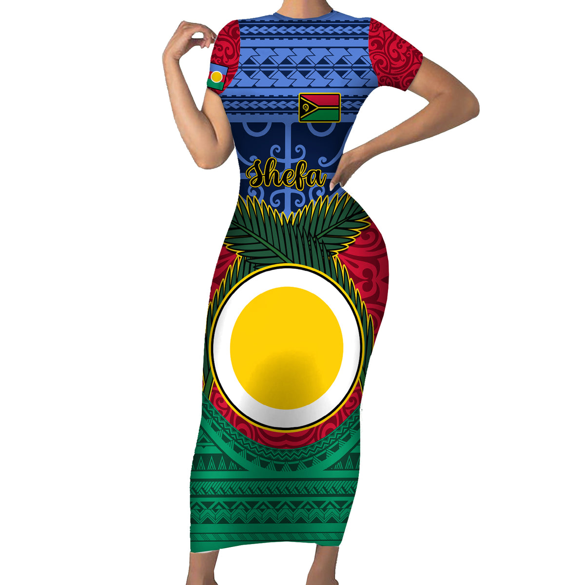 Personalized Vanuatu Shefa Province Short Sleeve Bodycon Dress Coat Of Arms And Namele Fern Polynesian Pattern LT05 Long Dress Red - Polynesian Pride