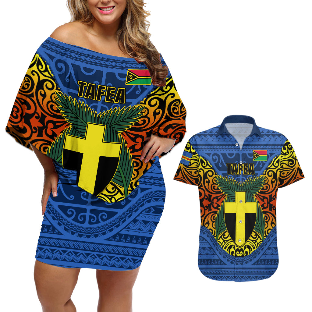 Vanuatu Tafea Province Couples Matching Off Shoulder Short Dress and Hawaiian Shirt Coat Of Arms And Namele Fern Polynesian Pattern LT05 Blue - Polynesian Pride