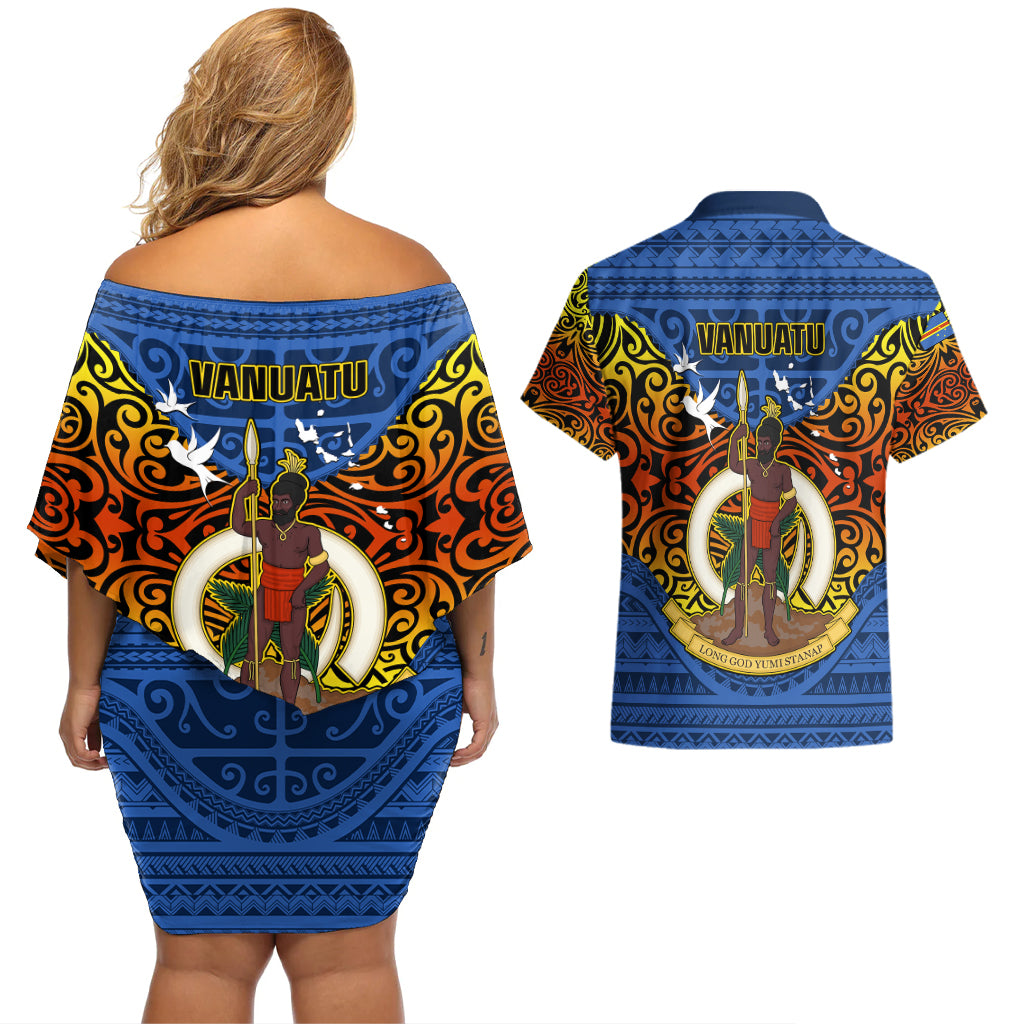 Vanuatu Tafea Province Couples Matching Off Shoulder Short Dress and Hawaiian Shirt Coat Of Arms And Namele Fern Polynesian Pattern LT05 - Polynesian Pride