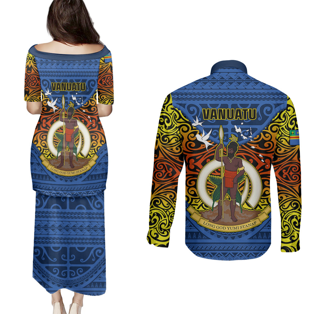 Vanuatu Tafea Province Couples Matching Puletasi Dress and Long Sleeve Button Shirts Coat Of Arms And Namele Fern Polynesian Pattern LT05 - Polynesian Pride