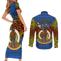 Vanuatu Tafea Province Couples Matching Short Sleeve Bodycon Dress and Long Sleeve Button Shirts Coat Of Arms And Namele Fern Polynesian Pattern LT05 - Polynesian Pride