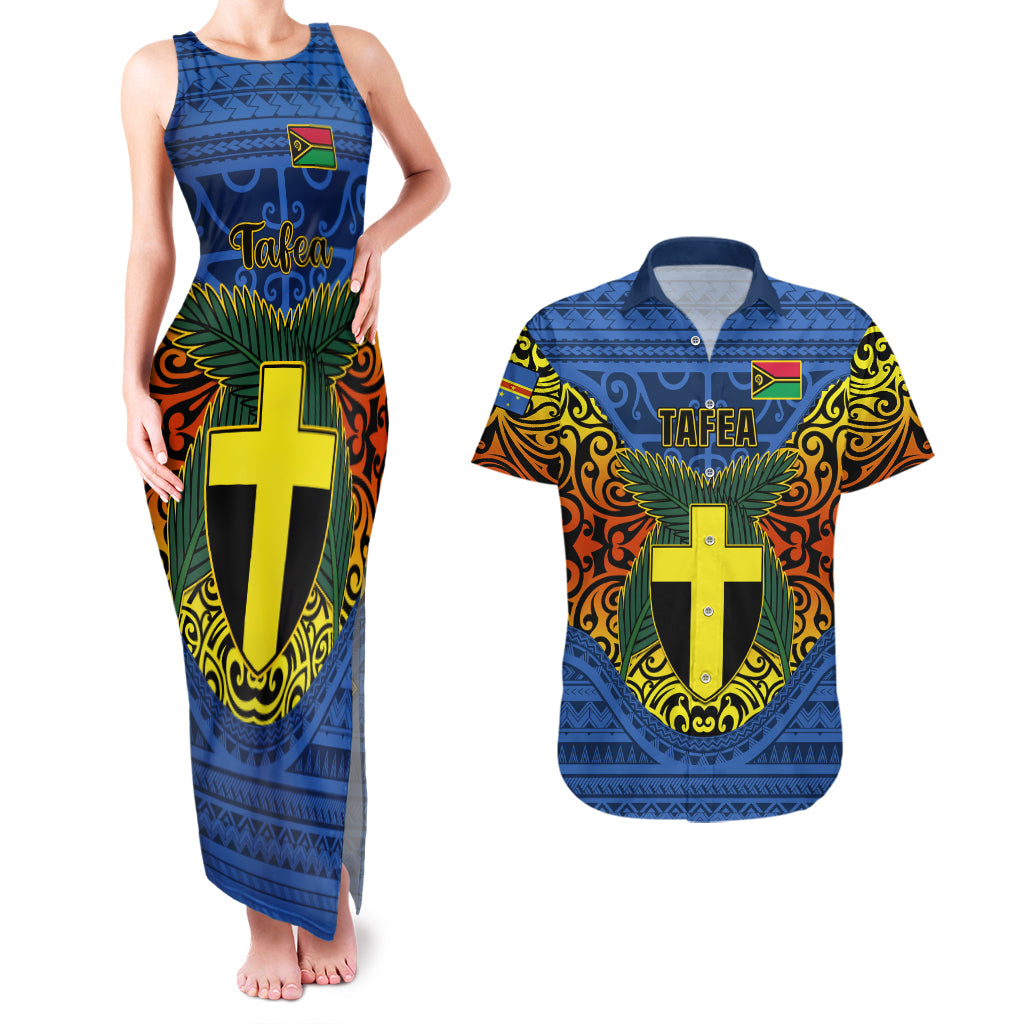 Vanuatu Tafea Province Couples Matching Tank Maxi Dress and Hawaiian Shirt Coat Of Arms And Namele Fern Polynesian Pattern LT05 Blue - Polynesian Pride