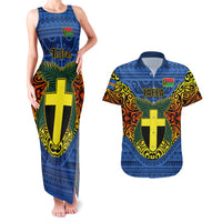 Vanuatu Tafea Province Couples Matching Tank Maxi Dress and Hawaiian Shirt Coat Of Arms And Namele Fern Polynesian Pattern LT05 Blue - Polynesian Pride