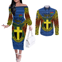 Personalized Vanuatu Tafea Province Couples Matching Off The Shoulder Long Sleeve Dress and Long Sleeve Button Shirts Coat Of Arms And Namele Fern Polynesian Pattern LT05 Blue - Polynesian Pride