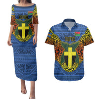 Personalized Vanuatu Tafea Province Couples Matching Puletasi Dress and Hawaiian Shirt Coat Of Arms And Namele Fern Polynesian Pattern LT05 Blue - Polynesian Pride