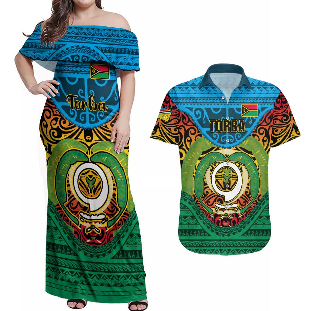 Vanuatu Torba Province Couples Matching Off Shoulder Maxi Dress and Hawaiian Shirt Vanuatuan Coat Of Arms Polynesian Pattern LT05 Green - Polynesian Pride