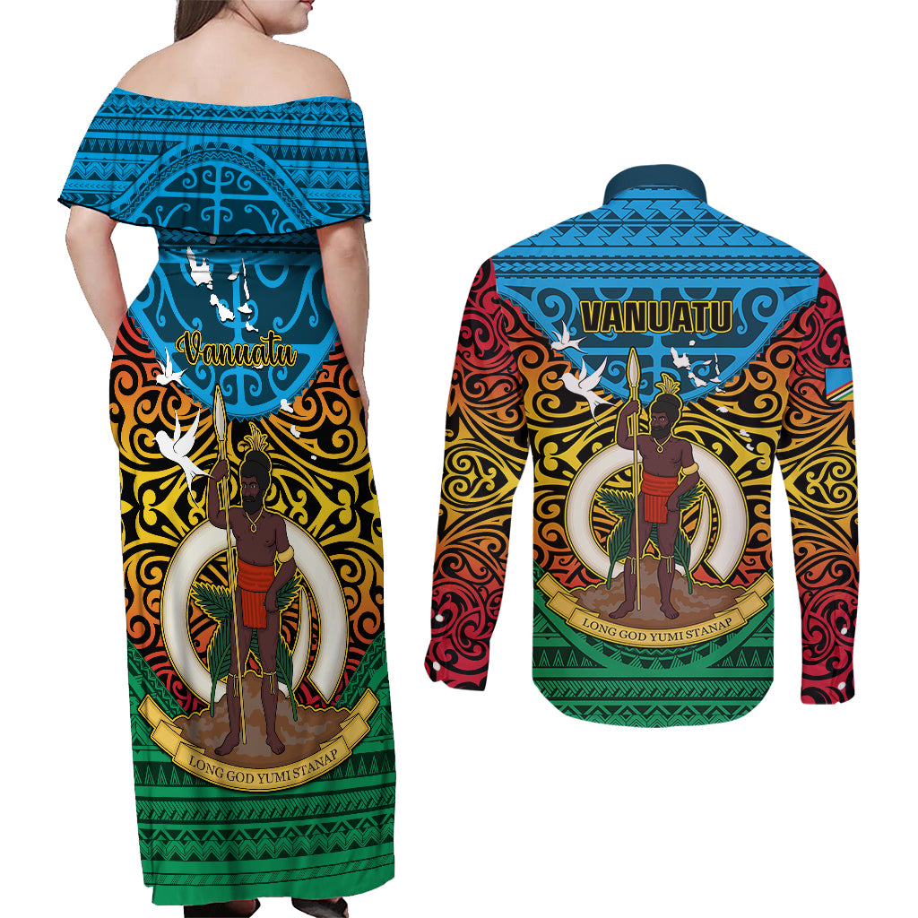 Vanuatu Torba Province Couples Matching Off Shoulder Maxi Dress and Long Sleeve Button Shirts Vanuatuan Coat Of Arms Polynesian Pattern LT05 - Polynesian Pride