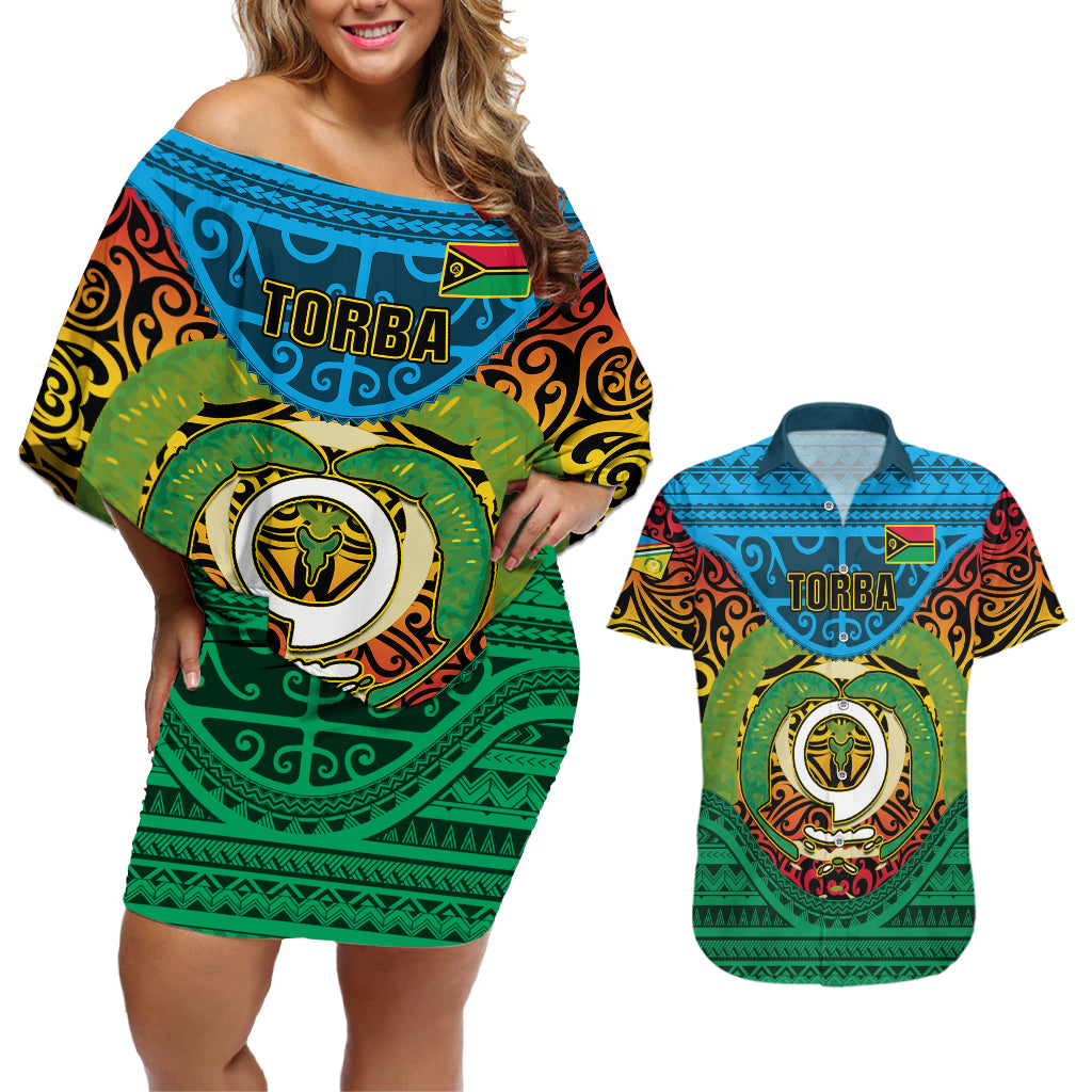 Vanuatu Torba Province Couples Matching Off Shoulder Short Dress and Hawaiian Shirt Vanuatuan Coat Of Arms Polynesian Pattern LT05 Green - Polynesian Pride
