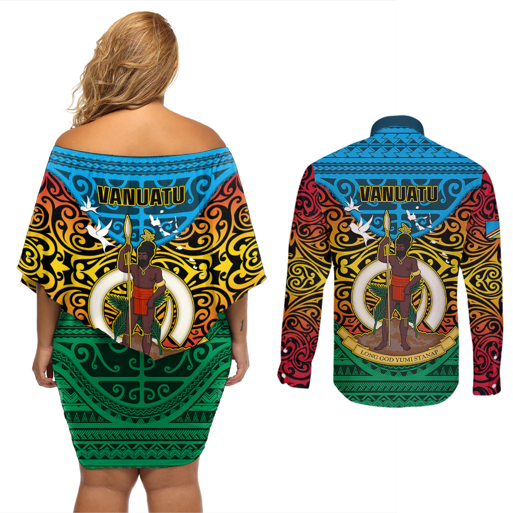 Vanuatu Torba Province Couples Matching Off Shoulder Short Dress and Long Sleeve Button Shirts Vanuatuan Coat Of Arms Polynesian Pattern LT05 - Polynesian Pride