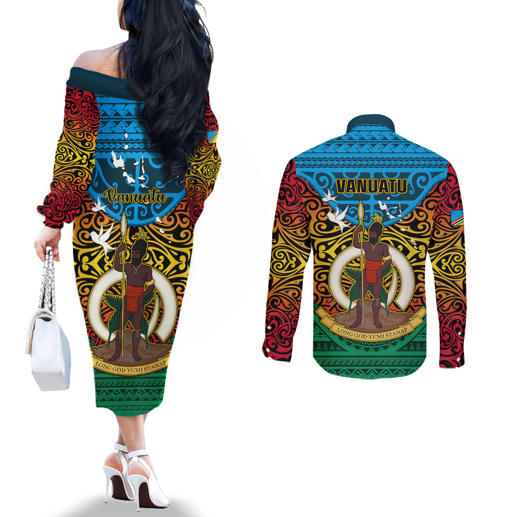 Vanuatu Torba Province Couples Matching Off The Shoulder Long Sleeve Dress and Long Sleeve Button Shirts Vanuatuan Coat Of Arms Polynesian Pattern LT05 - Polynesian Pride