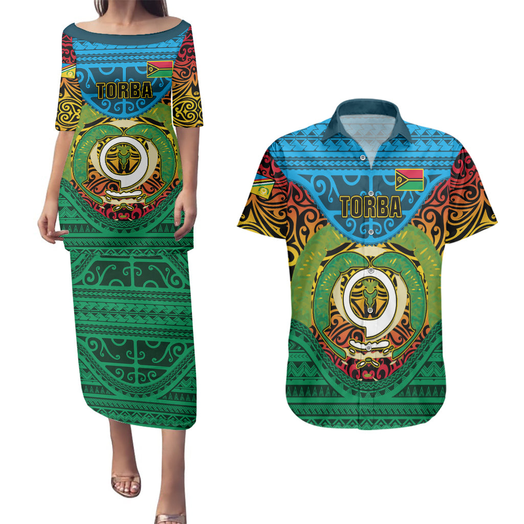 Vanuatu Torba Province Couples Matching Puletasi Dress and Hawaiian Shirt Vanuatuan Coat Of Arms Polynesian Pattern LT05 Green - Polynesian Pride