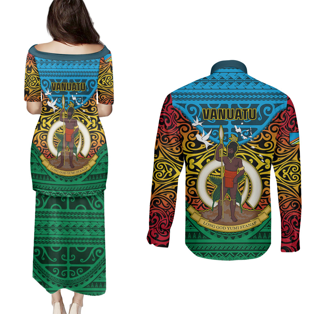 Vanuatu Torba Province Couples Matching Puletasi Dress and Long Sleeve Button Shirts Vanuatuan Coat Of Arms Polynesian Pattern LT05 - Polynesian Pride