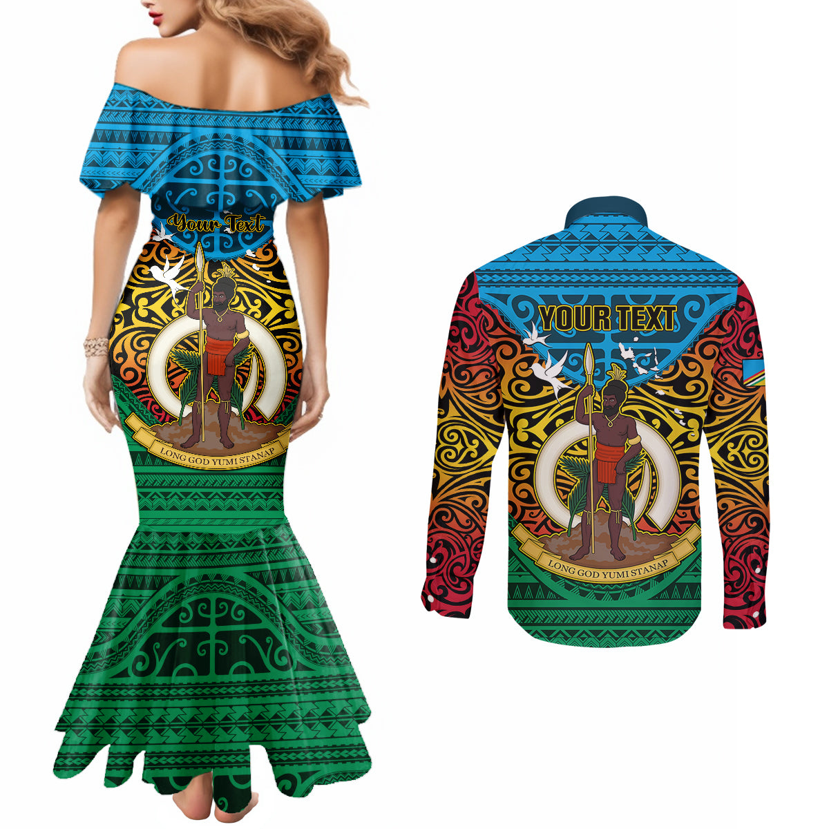Personalized Vanuatu Torba Province Couples Matching Mermaid Dress and Long Sleeve Button Shirts Vanuatuan Coat Of Arms Polynesian Pattern LT05 - Polynesian Pride