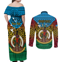 Personalized Vanuatu Torba Province Couples Matching Off Shoulder Maxi Dress and Long Sleeve Button Shirts Vanuatuan Coat Of Arms Polynesian Pattern LT05 - Polynesian Pride
