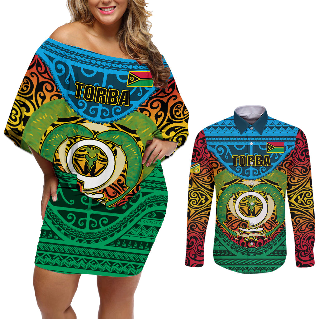 Personalized Vanuatu Torba Province Couples Matching Off Shoulder Short Dress and Long Sleeve Button Shirts Vanuatuan Coat Of Arms Polynesian Pattern LT05 Green - Polynesian Pride