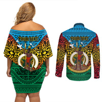 Personalized Vanuatu Torba Province Couples Matching Off Shoulder Short Dress and Long Sleeve Button Shirts Vanuatuan Coat Of Arms Polynesian Pattern LT05 - Polynesian Pride