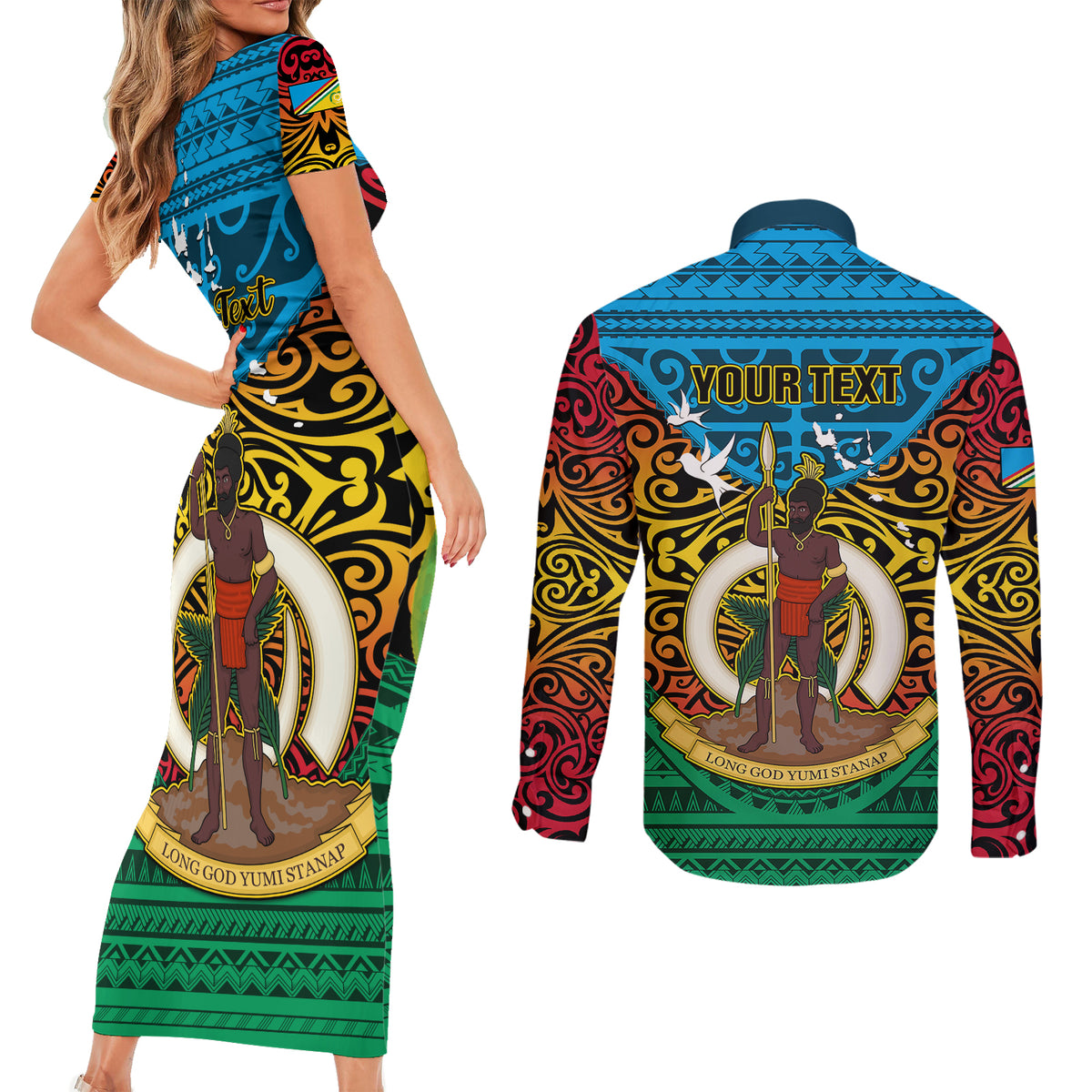 Personalized Vanuatu Torba Province Couples Matching Short Sleeve Bodycon Dress and Long Sleeve Button Shirts Vanuatuan Coat Of Arms Polynesian Pattern LT05 - Polynesian Pride