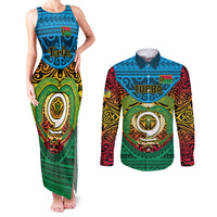 Personalized Vanuatu Torba Province Couples Matching Tank Maxi Dress and Long Sleeve Button Shirts Vanuatuan Coat Of Arms Polynesian Pattern LT05 Green - Polynesian Pride