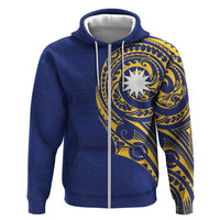 Personalised Nauru Angam Day Hoodie Gold Navy Tribal Pattern LT05 Zip Hoodie Blue - Polynesian Pride