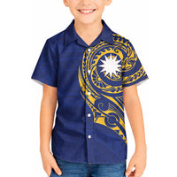 Personalised Nauru Angam Day Kid Hawaiian Shirt Gold Navy Tribal Pattern LT05 Kid Blue - Polynesian Pride