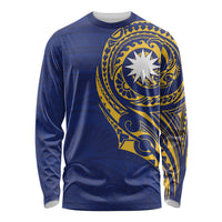 Personalised Nauru Angam Day Long Sleeve Shirt Gold Navy Tribal Pattern LT05 Unisex Blue - Polynesian Pride