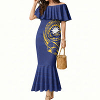 Personalised Nauru Angam Day Mermaid Dress Gold Navy Tribal Pattern LT05 Women Blue - Polynesian Pride