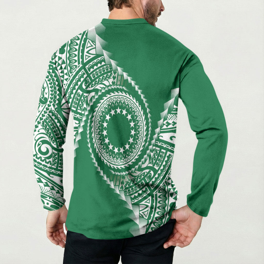 Cook Islands Gospel Day Button Sweatshirt Green Tribal Curves LT05 - Polynesian Pride