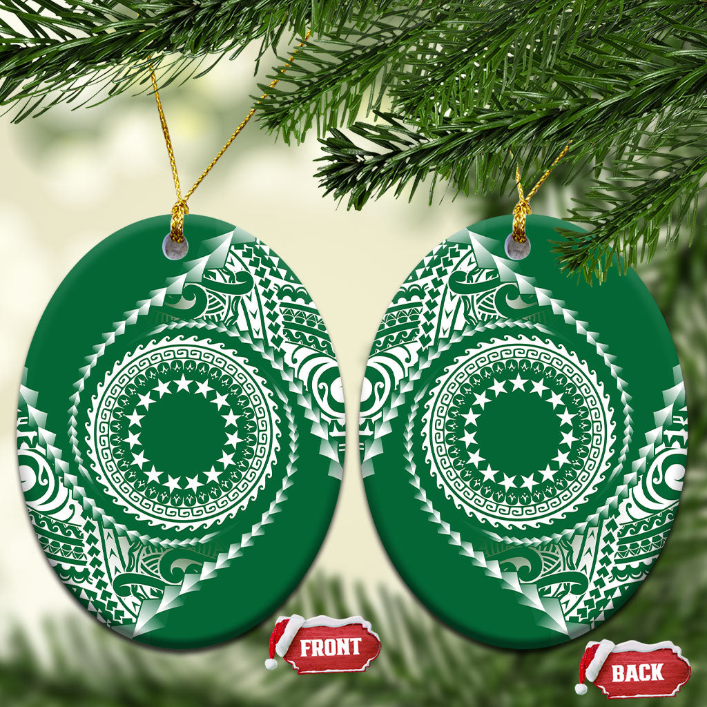 Cook Islands Gospel Day Ceramic Ornament Green Tribal Curves LT05 Oval Green - Polynesian Pride